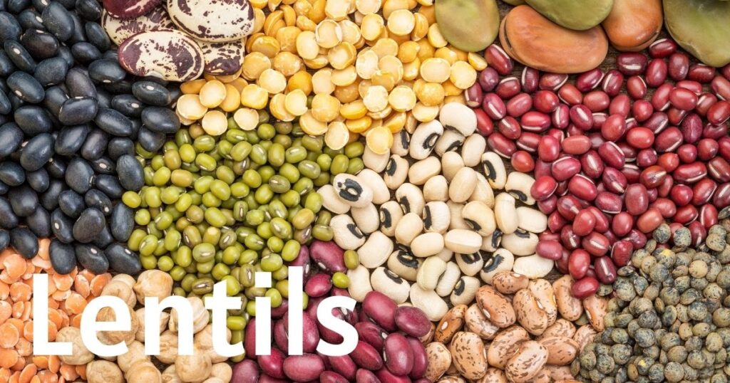 A serving of cooked lentils displaying small, round legumes in earthy brown or green tones.