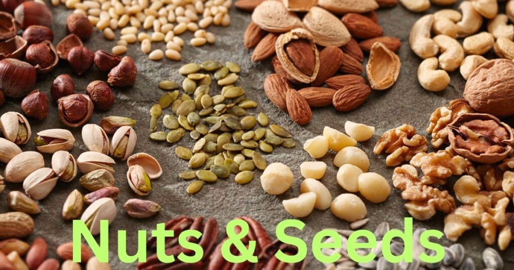 A mixed assortment of various nuts and seeds including almonds, walnuts, sunflower seeds, and pumpkin seeds. These food will increase protein.