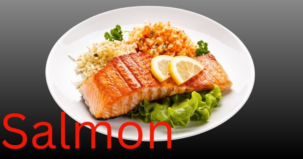 A cooked salmon fillet with characteristic pink-orange flesh and flaky texture.
